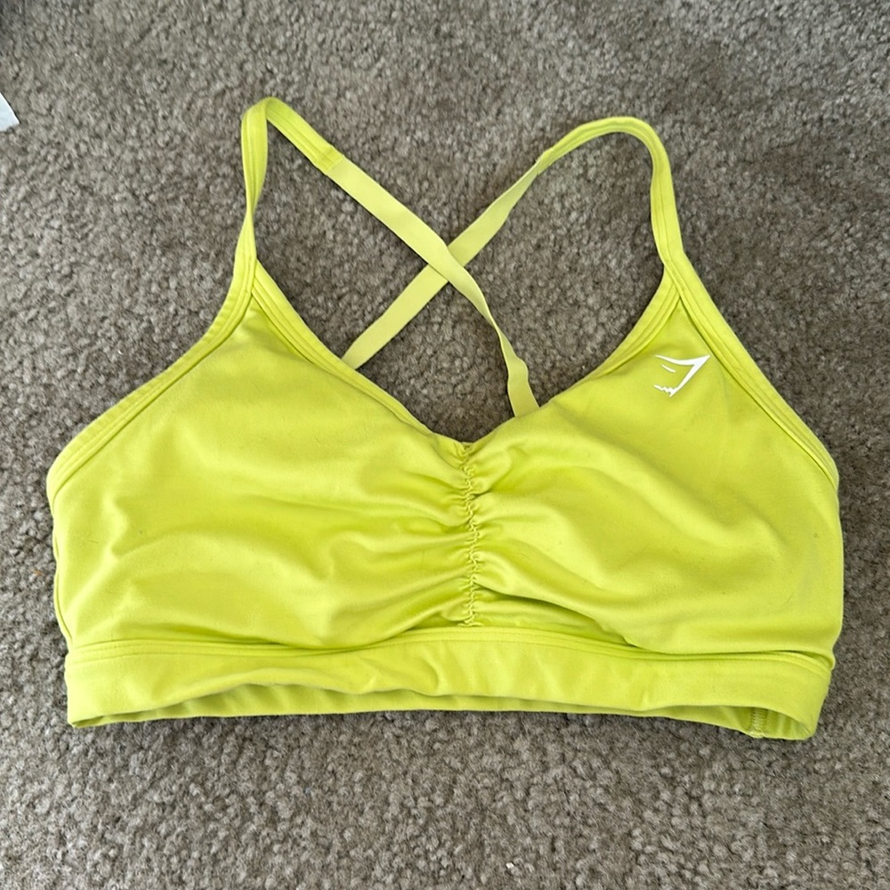 Gymshark ruched training  sports bra, size small, neon green/yellow